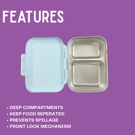 Duo Steel 2-Compartment Lunch Box – Fun, Fresh & Colorful Stereo Edition for Kids | Leakproof, Durable & School-Ready
