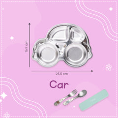 Theoni Stainless Steel Section Car Shape Kids Plate / Portion Plate / Dinner Dish - Car Shape. Personalize With Name