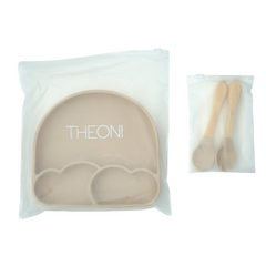 Theoni Silicone Suction Baby Feeding Set with Plate, Lid, Spoon & Fork | Baby-Led Weaning | BPA-Free | Microwave & Dishwasher Safe | Mess-Free Toddler Mealtime Essential – Beige