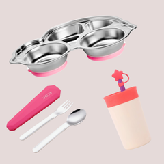 Theoni Pink Car Mealtime Joy Bundle – Suction Plate, Beige Insulated Tumbler & Cutlery Set