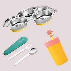 Theoni Yellow Car Mealtime Bundle – Suction Plate, Insulated Tumbler & Toddler Cutlery Set