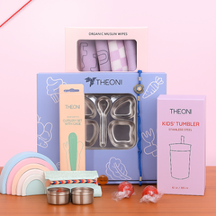 Theoni Rakhi Gift Hamper for Kids – Butterfly Plate, Insulated Tumbler, Travel Cutlery & Purple Wipes