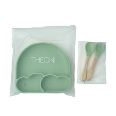 Theoni Silicone Suction Baby Feeding Set with Plate, Spoon & Fork | Baby-Led Weaning | BPA-Free | Microwave & Dishwasher Safe | Mess-Free Toddler Mealtime Essential – Olive