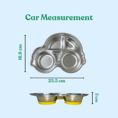 Theoni Stainless Steel Car Shape Suction Plate for Toddlers | 4 Section Kids Feeding Plate | BPA-Free & Dishwasher Safe - Personalization Available(Yellow)