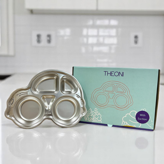 Theoni Stainless Steel Car Shape Suction Plate for Toddlers | 4 Section Kids Feeding Plate | BPA-Free & Dishwasher Safe - Personalization Available(Yellow)