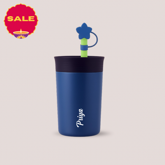 Theoni Star Kids Stainless Steel Insulated Tumbler with Silicon Straw & Cleaning Brush | 355ml | Leak-Proof, BPA-Free, Travel Friendly – Navy Blue
