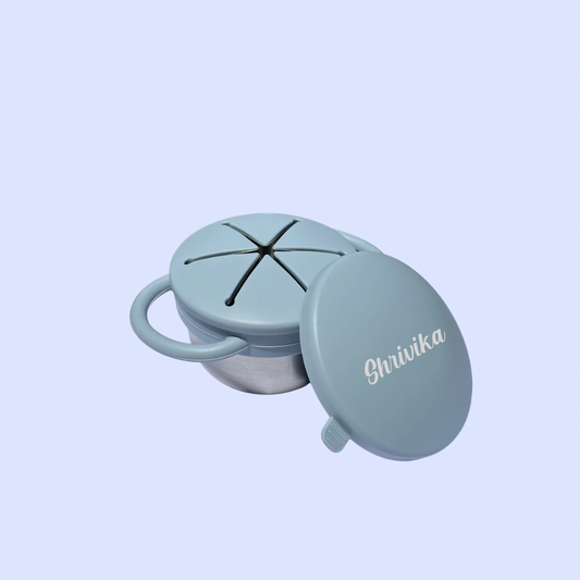 Theoni Stainless Steel Snack Cups with Removable Silicone Food Catcher & Travel Lid – Spill-Proof, Toddler-Friendly, Dishwasher Safe- Dusty Blue