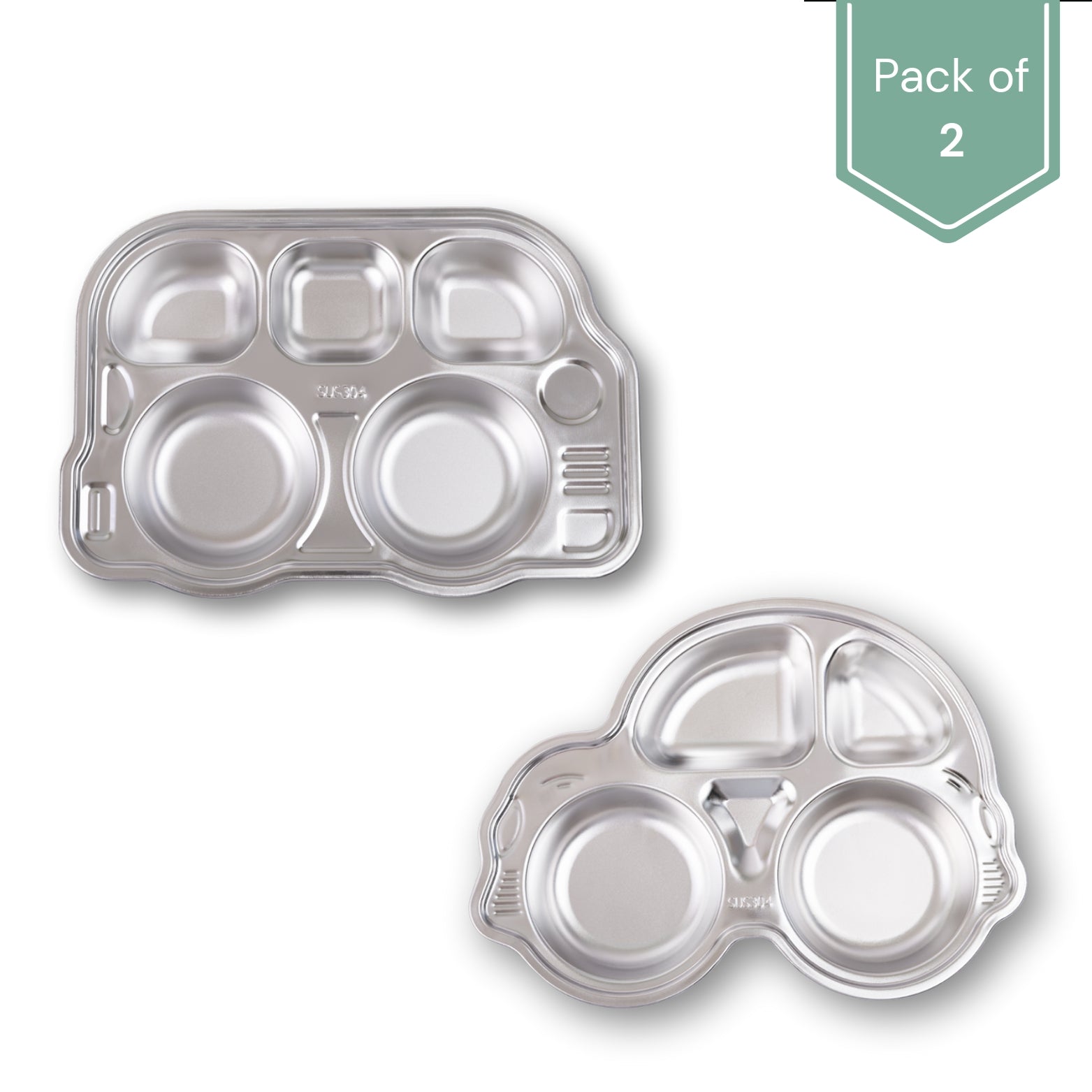 Theoni Stainless Steel Section Kids Plate / Portion Plate / Dinner Dish  - Set of 2 (1 Car & 1 Bus)