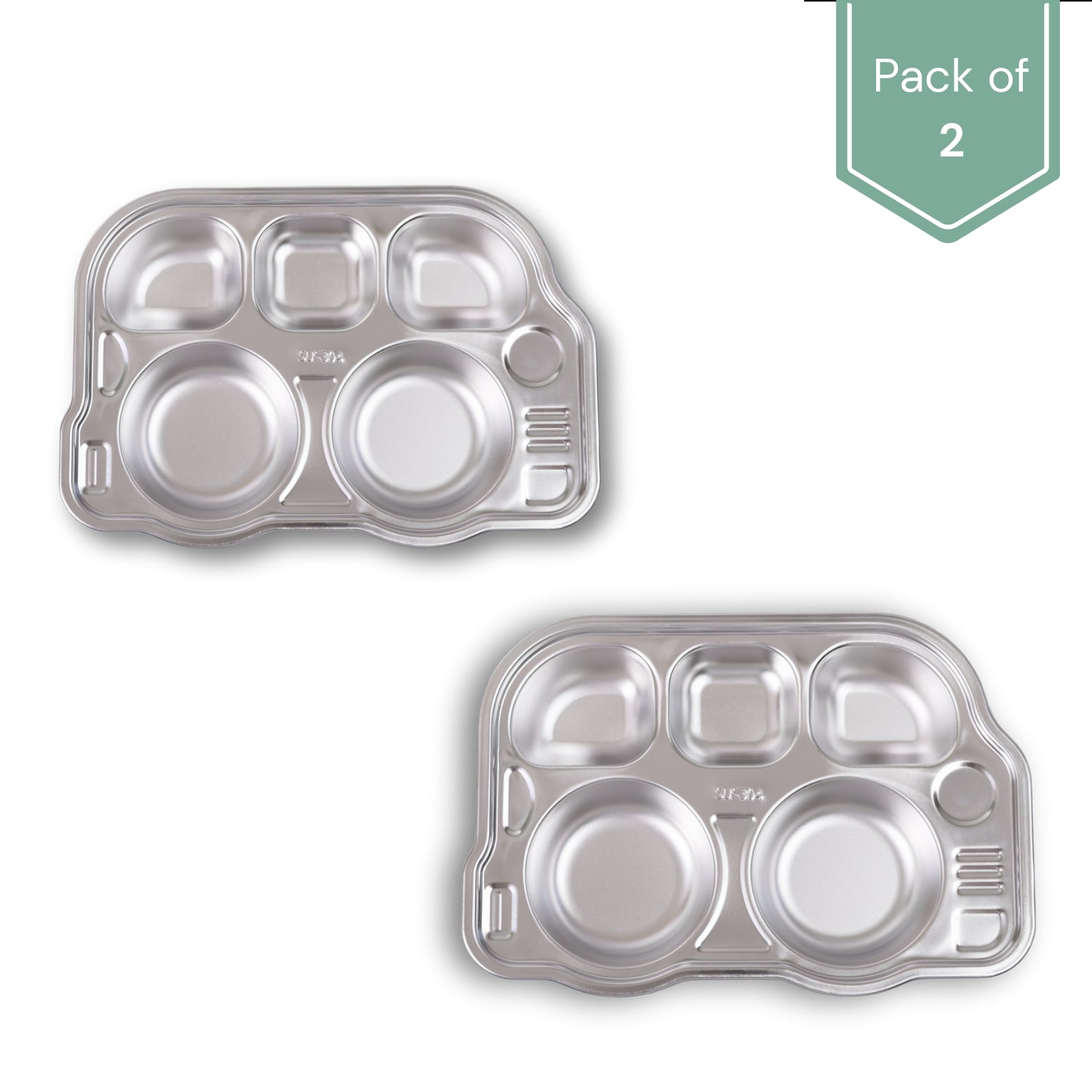 Theoni Stainless Steel Section Bus Shape Kids Plate / Portion Plate / Dinner Dish  - Bus Shape (Set of 2). Personalize With Name