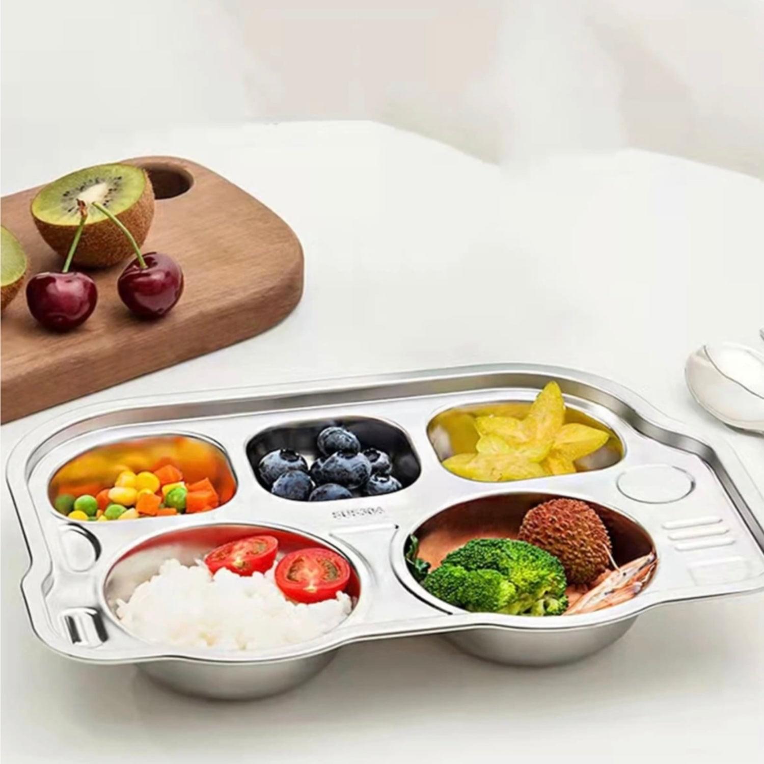 Theoni Stainless Steel Section Kids Plate / Portion Plate / Dinner Dish  - Set of 2 (1 Car & 1 Bus)