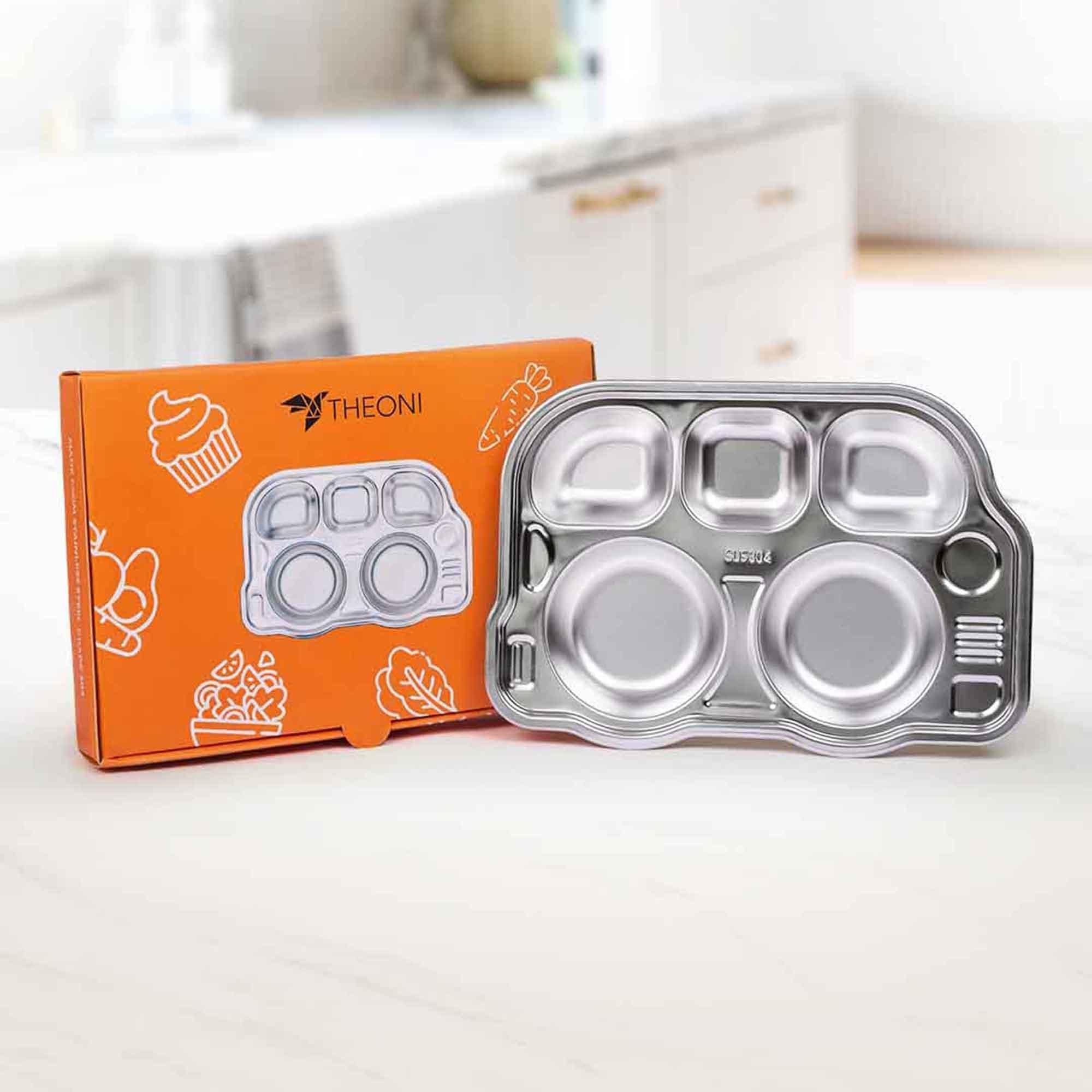 Theoni Stainless Steel Section Bus Shape Kids Plate / Portion Plate / Dinner Dish  - Bus Shape (Set of 2). Personalize With Name