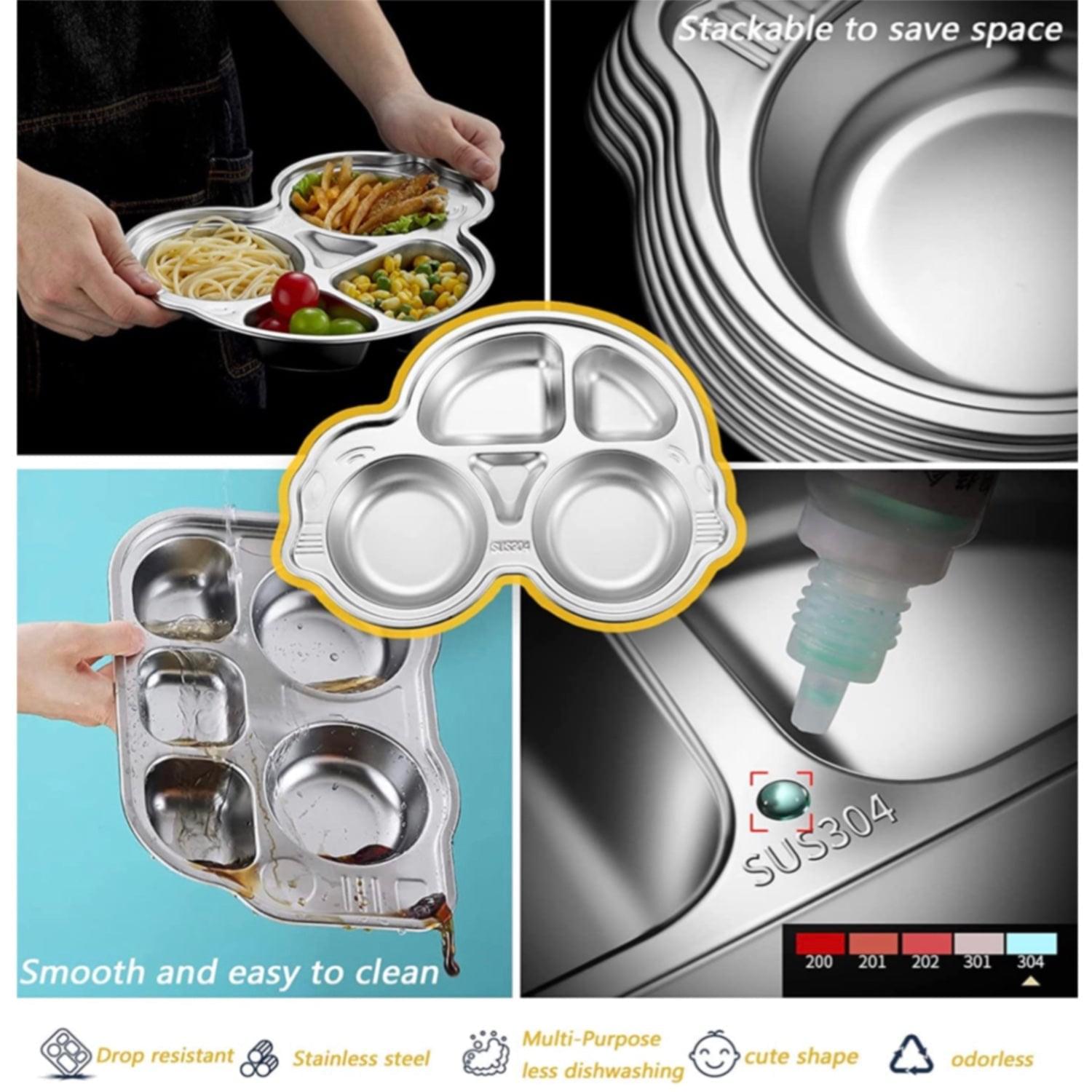 Theoni Stainless Steel Section Kids Plate / Portion Plate / Dinner Dish  - Set of 2 (1 Car & 1 Bus)