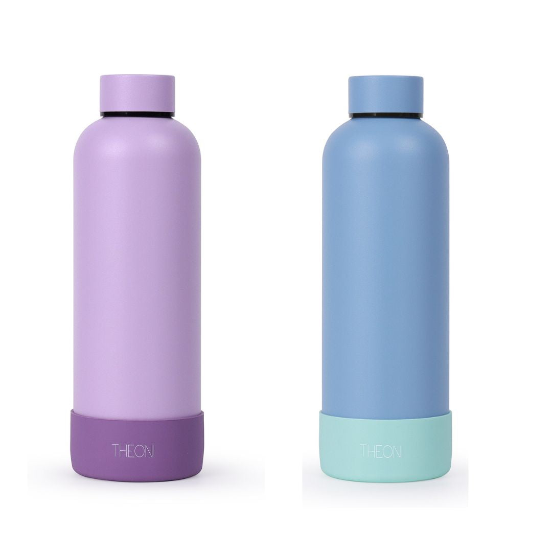 Theoni stainless Steel Double Walled Insulated Thermos Flask / Insulated Water Bottle| 24 Hours Hot & Cold |Leak Proof| Easy to Carry School And Travel Bottle - Weekday Blues & Playful Purple (Set of 2)  (500ml)