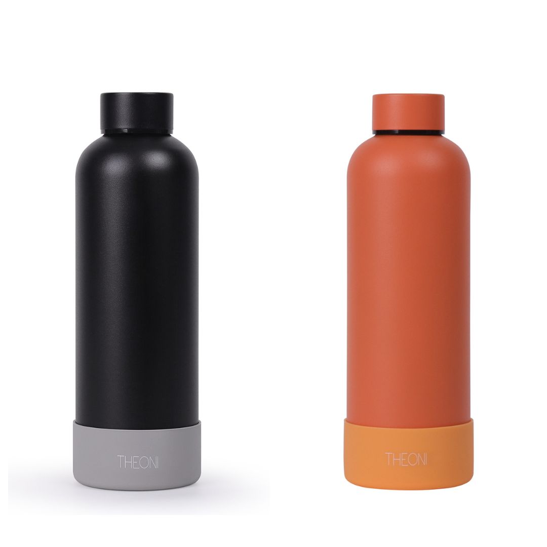 Theoni stainless Steel Double Walled Insulated Thermos Flask / Insulated Water Bottle| 24 Hours Hot & Cold |Leak Proof| Easy to Carry School And Travel Bottle - Zesty Orange & Deep Black  (Set of 2)  (500ml)