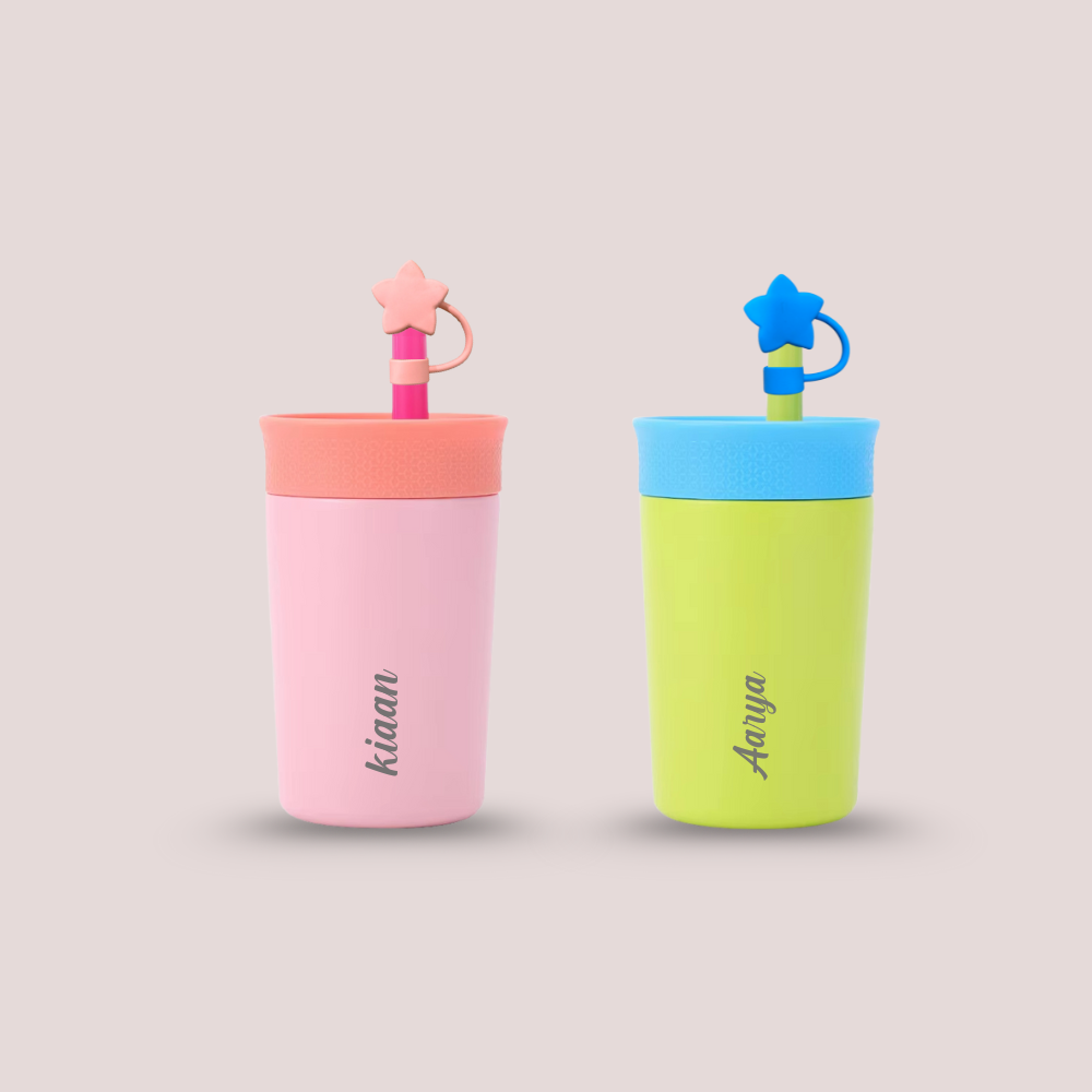 Theoni Kids Stainless Steel Insulated Tumbler with Silicon Straw & Cleaning Brush | 355ml | Leak-Proof, BPA-Free, Travel Friendly – Pink and Green