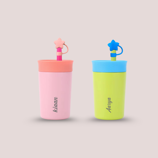 Theoni Kids Stainless Steel Insulated Tumbler with Silicon Straw & Cleaning Brush | 355ml | Leak-Proof, BPA-Free, Travel Friendly – Pink and Green