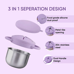 Theoni Stainless Steel Snack Cups with Removable Silicone Food Catcher & Travel Lid – Spill-Proof, Toddler-Friendly, Dishwasher Safe- Purple