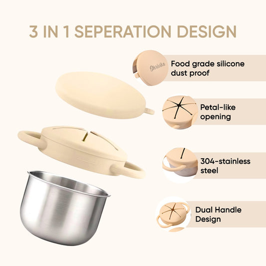 Theoni Stainless Steel Snack Cups with Removable Silicone Food Catcher & Travel Lid – Spill-Proof, Toddler-Friendly, Dishwasher Safe- Beige