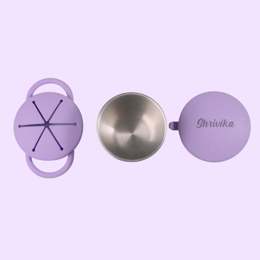 Theoni Stainless Steel Snack Cups with Removable Silicone Food Catcher & Travel Lid – Spill-Proof, Toddler-Friendly, Dishwasher Safe- Purple