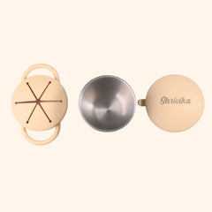 Theoni Stainless Steel Snack Cups with Removable Silicone Food Catcher & Travel Lid – Spill-Proof, Toddler-Friendly, Dishwasher Safe- Beige