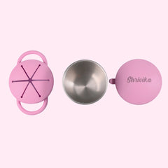 Theoni Stainless Steel Snack Cups with Removable Silicone Food Catcher & Travel Lid – Spill-Proof, Toddler-Friendly, Dishwasher Safe- Pink