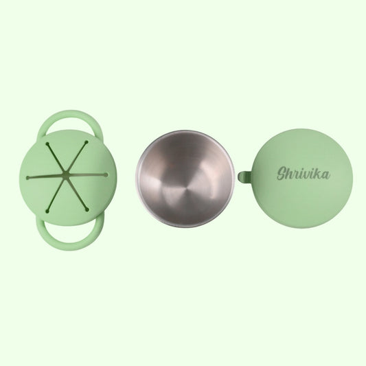 Theoni Stainless Steel Snack Cups with Removable Silicone Food Catcher & Travel Lid – Spill-Proof, Toddler-Friendly, Dishwasher Safe- Green