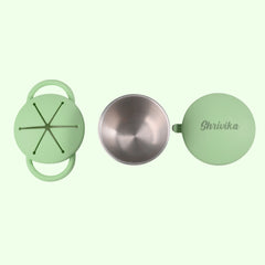 Theoni Stainless Steel Snack Cups with Removable Silicone Food Catcher & Travel Lid – Spill-Proof, Toddler-Friendly, Dishwasher Safe- Green