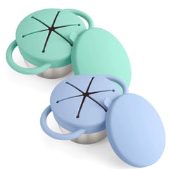 Theoni Stainless Steel Snack Cups with Removable Silicone Food Catcher & Travel Lid – Spill-Proof, Toddler-Friendly, Dishwasher Safe- Blue & Green