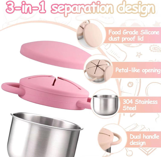 Theoni Stainless Steel Snack Cups with Removable Silicone Food Catcher & Travel Lid – Spill-Proof, Toddler-Friendly, Dishwasher Safe- Beige & Pink