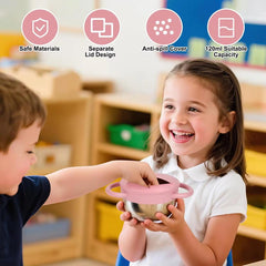 Theoni Stainless Steel Snack Cups with Removable Silicone Food Catcher & Travel Lid – Spill-Proof, Toddler-Friendly, Dishwasher Safe- Beige & Pink