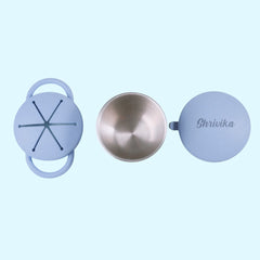 Theoni Stainless Steel Snack Cups with Removable Silicone Food Catcher & Travel Lid – Spill-Proof, Toddler-Friendly, Dishwasher Safe- Blue