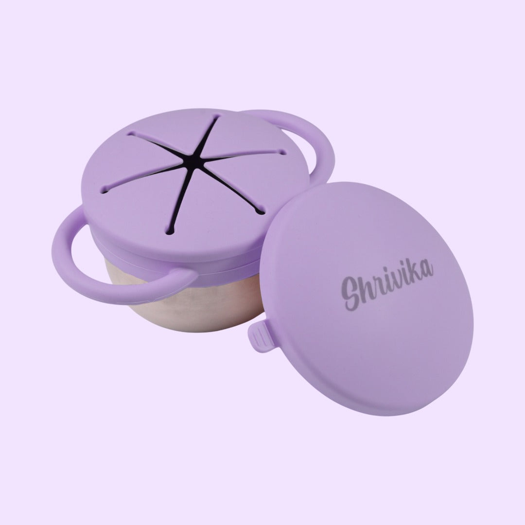 Theoni Stainless Steel Snack Cups with Removable Silicone Food Catcher & Travel Lid – Spill-Proof, Toddler-Friendly, Dishwasher Safe- Purple