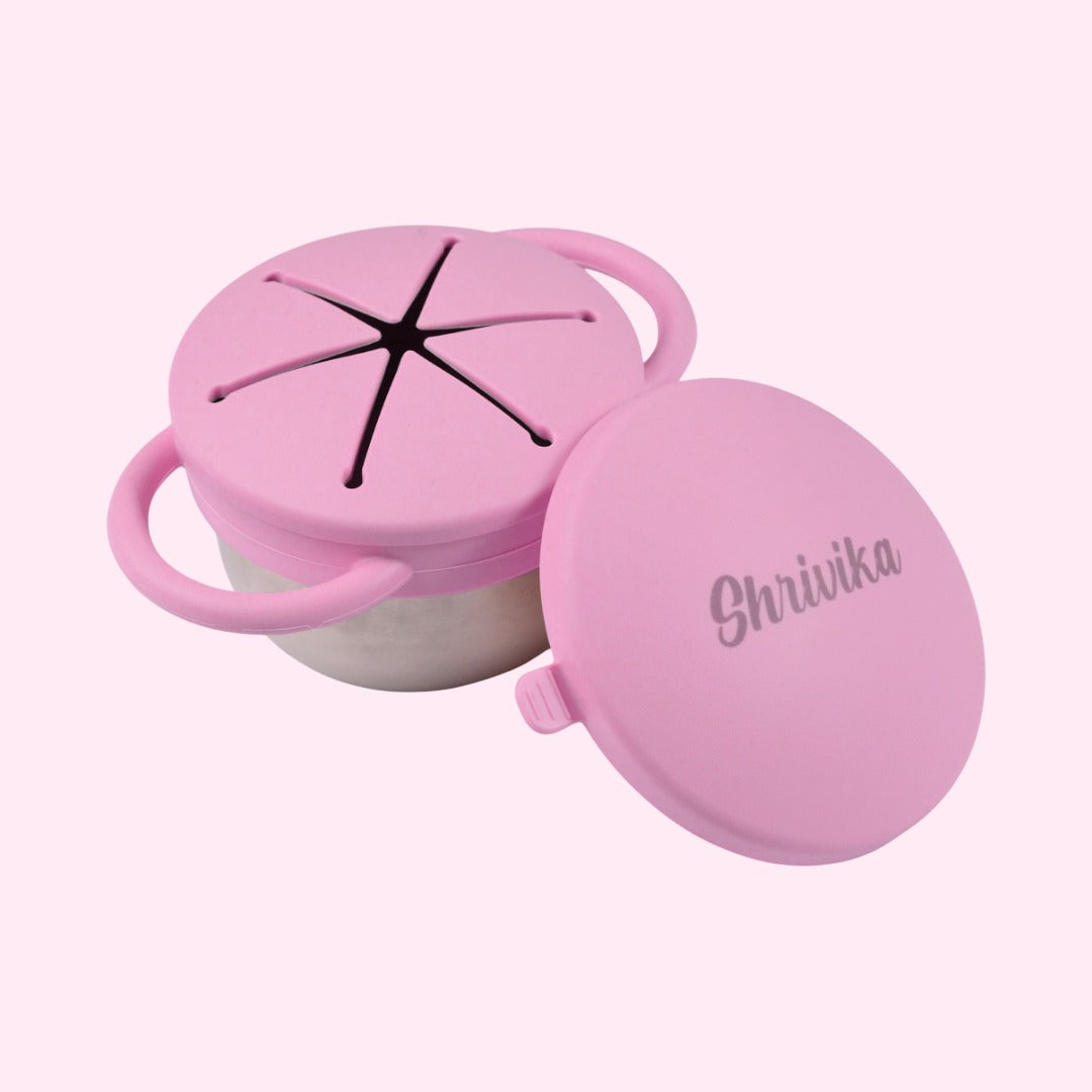Theoni Stainless Steel Snack Cups with Removable Silicone Food Catcher & Travel Lid – Spill-Proof, Toddler-Friendly, Dishwasher Safe- Pink