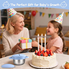 Theoni Stainless Steel Snack Cups with Removable Silicone Food Catcher & Travel Lid – Spill-Proof, Toddler-Friendly, Dishwasher Safe- Blue & Green