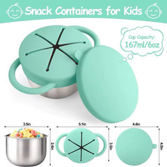Theoni Stainless Steel Snack Cups with Removable Silicone Food Catcher & Travel Lid – Spill-Proof, Toddler-Friendly, Dishwasher Safe- Blue & Green