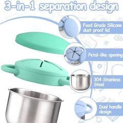 Theoni Stainless Steel Snack Cups with Removable Silicone Food Catcher & Travel Lid – Spill-Proof, Toddler-Friendly, Dishwasher Safe- Blue & Green