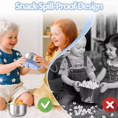 Theoni Stainless Steel Snack Cups with Removable Silicone Food Catcher & Travel Lid – Spill-Proof, Toddler-Friendly, Dishwasher Safe- Pink & Purple