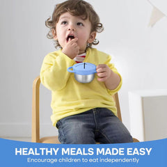 Theoni Stainless Steel Snack Cups with Removable Silicone Food Catcher & Travel Lid – Spill-Proof, Toddler-Friendly, Dishwasher Safe- Blue & Green