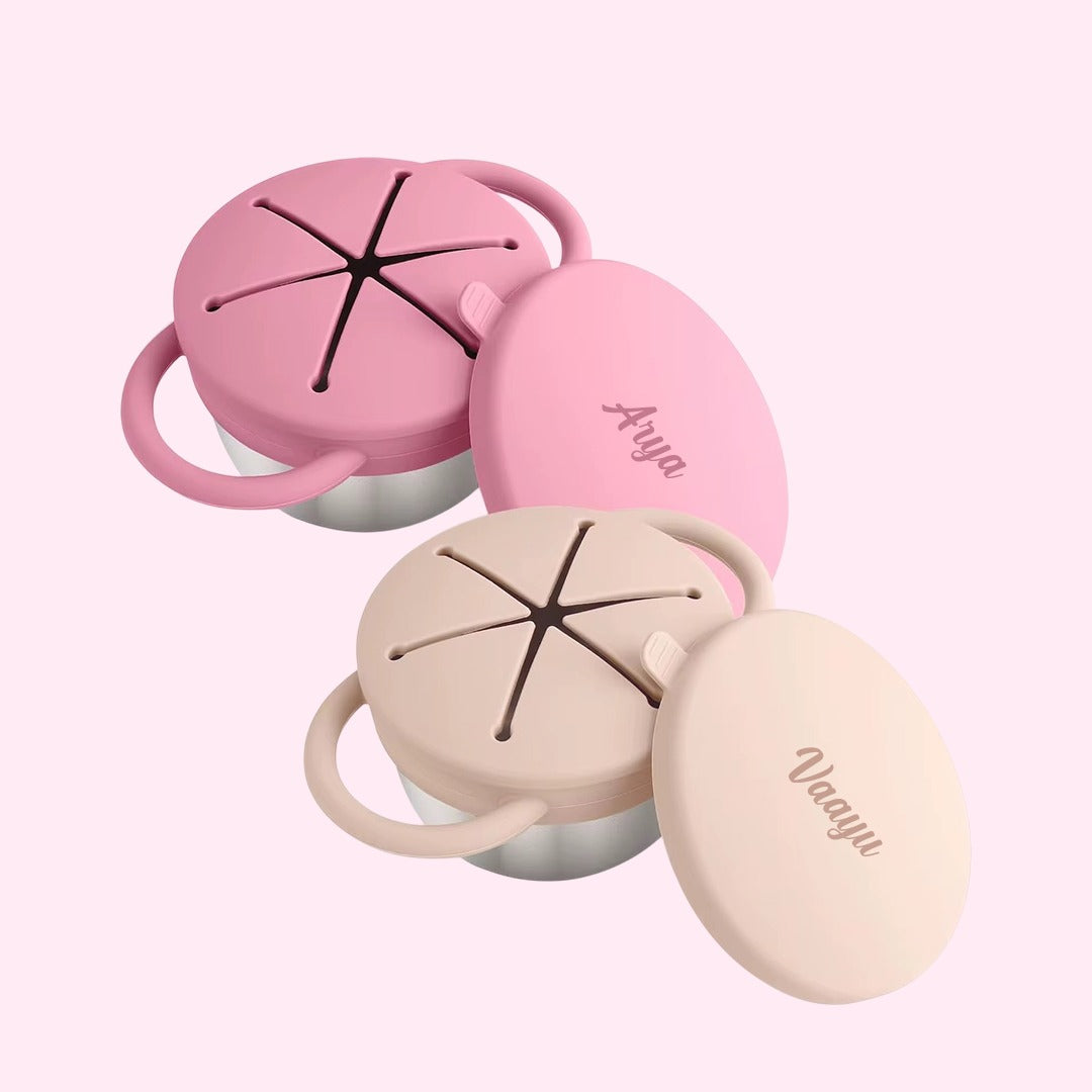 Theoni Stainless Steel Snack Cups with Removable Silicone Food Catcher & Travel Lid – Spill-Proof, Toddler-Friendly, Dishwasher Safe- Beige & Pink