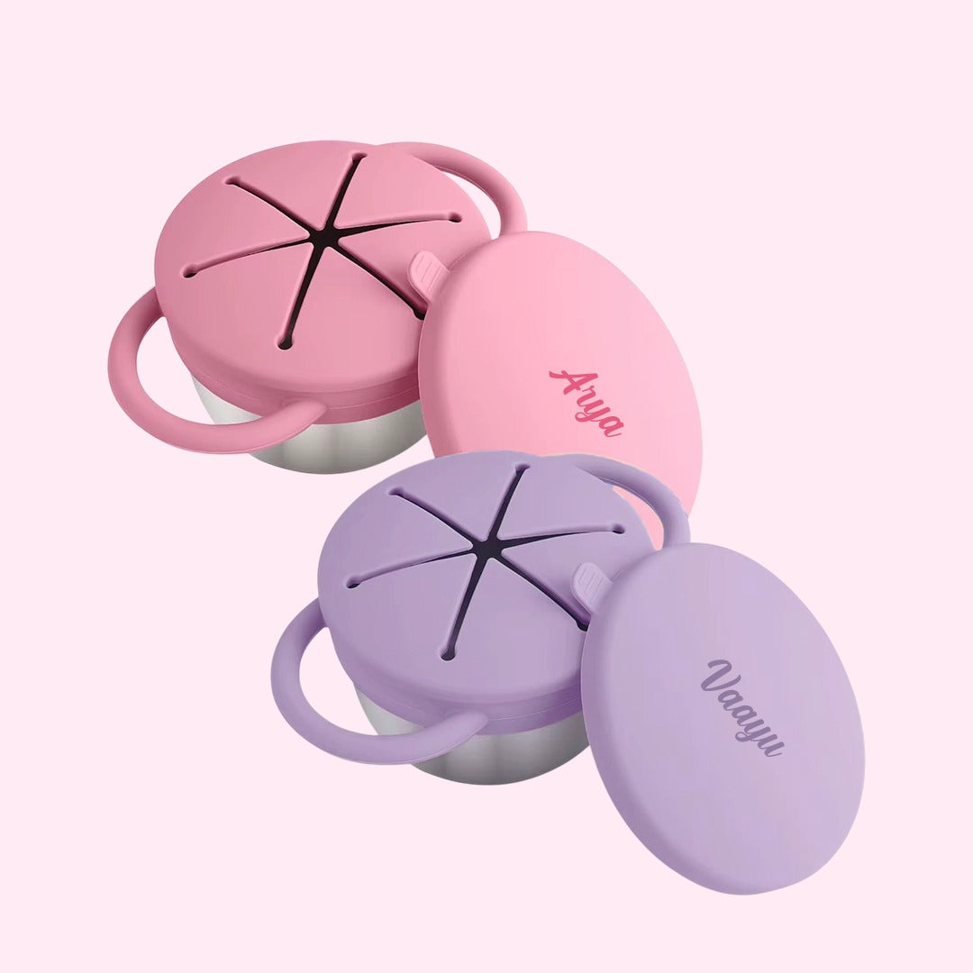 Theoni Stainless Steel Snack Cups with Removable Silicone Food Catcher & Travel Lid – Spill-Proof, Toddler-Friendly, Dishwasher Safe- Pink & Purple