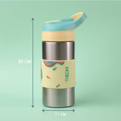 THEONI Siphappy Kids Stainless Steel School Water Bottle with Straw (400ml) | BPA-Free, Leak-Proof, Lightweight Water Bottle for Kids | Easy-Sip Design- Stereo Green