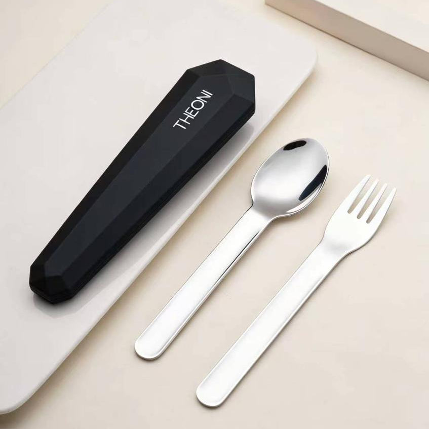 Theoni On-the-Go Stainless Steel Cutlery Set for Kids – BPA-Free, Dishwasher Safe Travel Spoon & Fork with Silicone Case – Black
