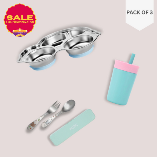 Theoni Blue Car Mealtime Explorer Bundle – Suction Plate, Insulated Tumbler & Toddler Cutlery Set