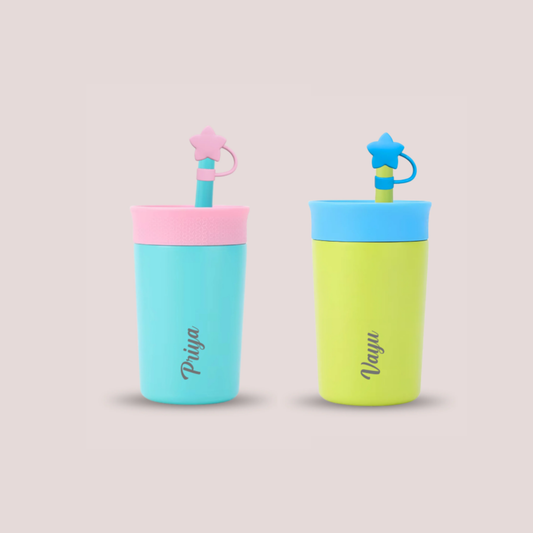 Theoni Kids Stainless Steel Insulated Tumbler with Silicon Straw & Cleaning Brush | 355ml | Leak-Proof, BPA-Free, Travel Friendly – Blue and Green