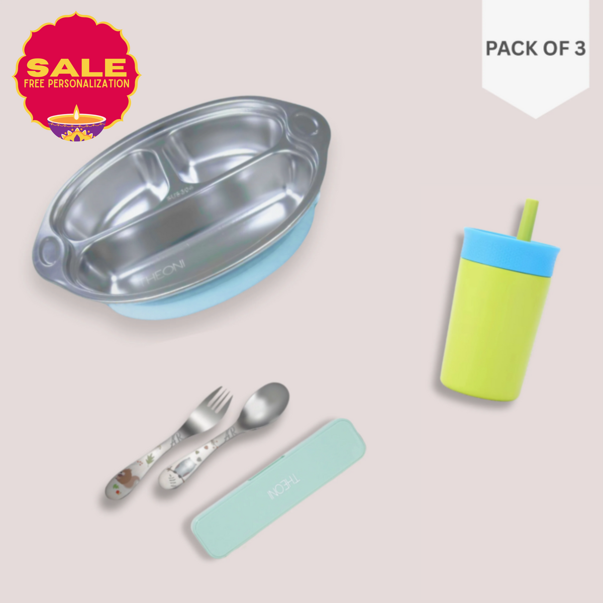 Theoni Monkey Mealtime Adventure Bundle – Blue Suction Plate, Green Insulated Tumbler & Cutlery Set