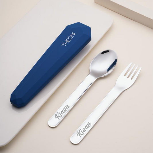 Theoni On-the-Go Stainless Steel Cutlery Set for Kids – BPA-Free, Dishwasher Safe Travel Spoon & Fork with Silicone Case – Navy Blue