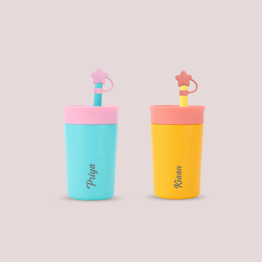 Theoni Kids Stainless Steel Insulated Tumbler with Silicon Straw & Cleaning Brush | 355ml | Leak-Proof, BPA-Free, Travel Friendly – Blue and Yellow