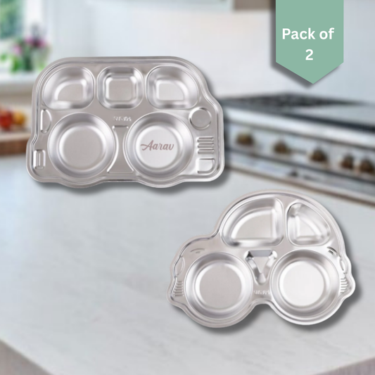 Theoni Stainless Steel Section Kids Plate / Portion Plate / Dinner Dish  - Set of 2 (1 Car & 1 Bus)
