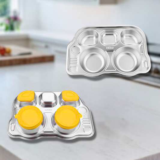 Theoni Stainless Steel Suction Bus Shape Toddler Feeding Plate | 5 Section Kids Dinnerware | BPA-Free & Dishwasher Safe-Personalization Available