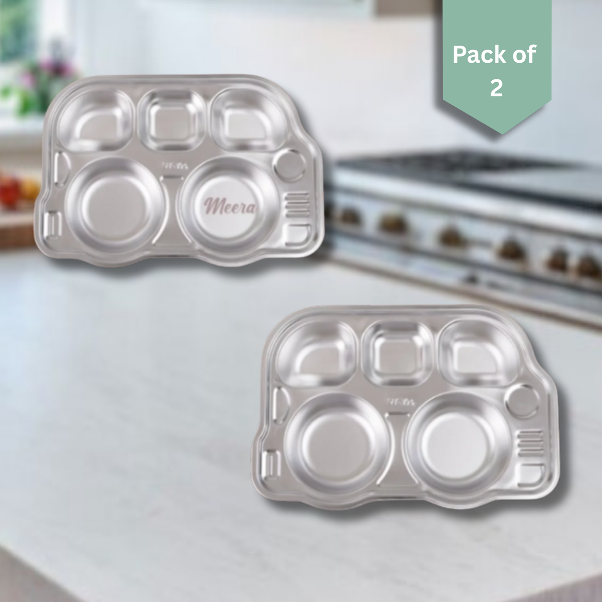 Theoni Stainless Steel Section Bus Shape Kids Plate / Portion Plate / Dinner Dish  - Bus Shape (Set of 2). Personalize With Name